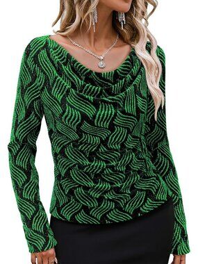 Women's Black Green Cowl Neck Stretchy Glitter Cocktail Party Long Sleeve Tops